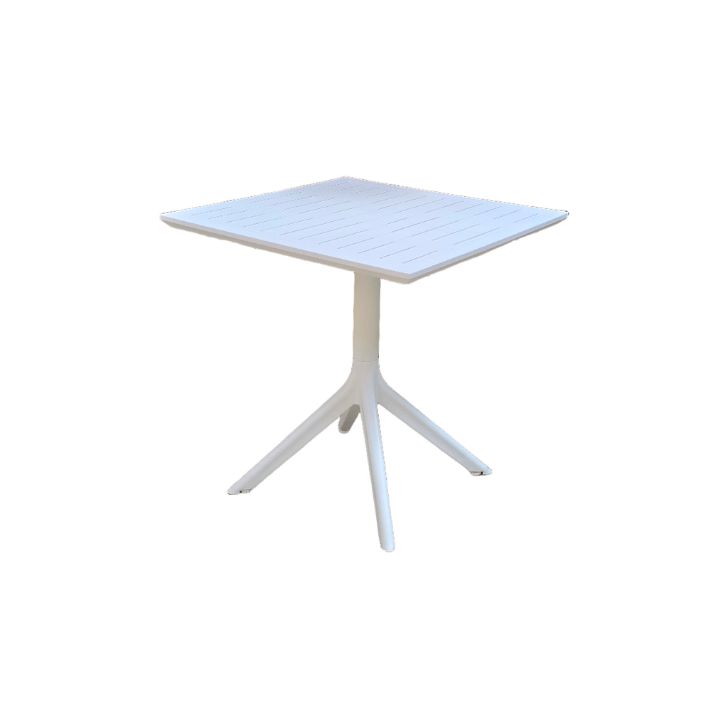 MESA MULTIUSO MOD SILVIA TOPE CON RANURAS -BASE MOD.RITA EN POLIPROPILENO - COLOR BLANCO- MEDIDAS: 32"X32" PULGADAS-  PROTECCION UV- USO EXTERIOR O INTERIOR 
