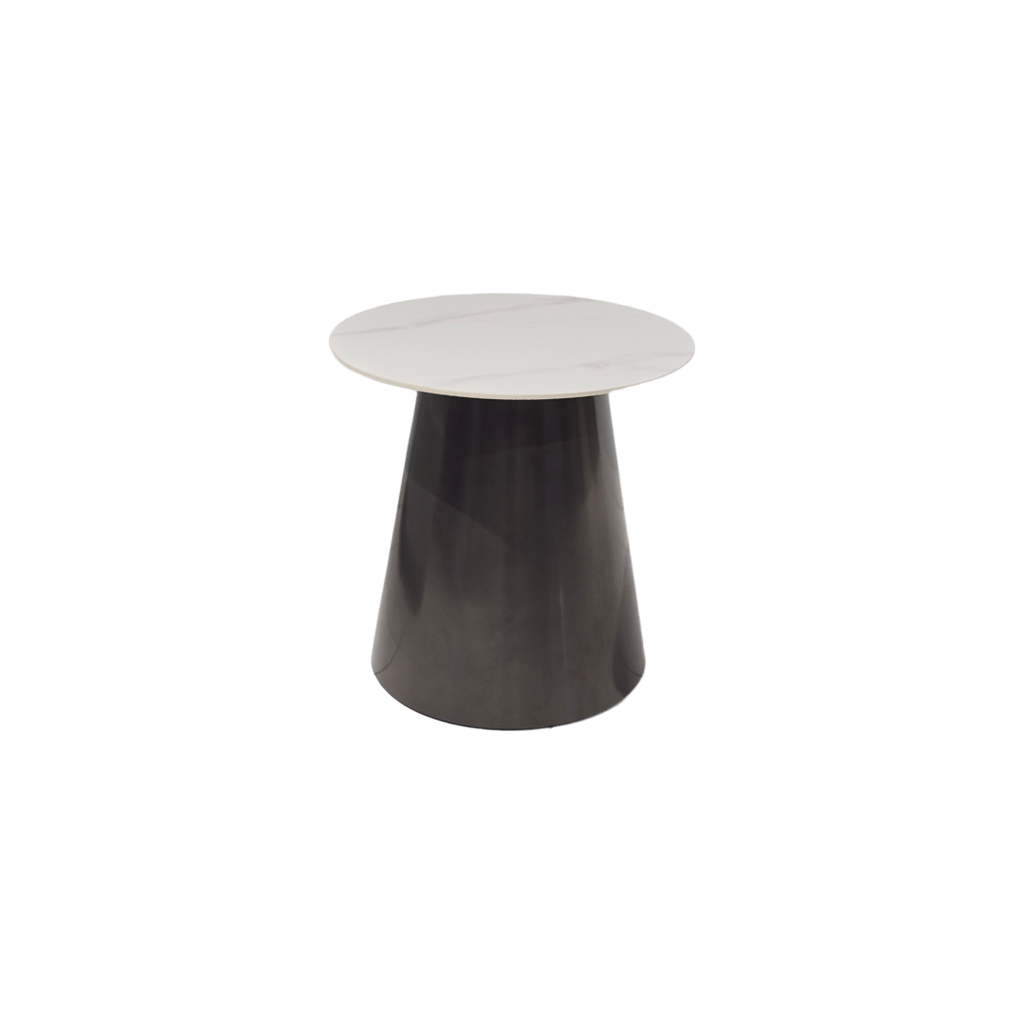 MESA DE CENTRO MOD 561 -  TOPE DE CERAMICA BLANCA - ESTRUCTURA METAL TAPIZADA PU GRIS GRAFITO