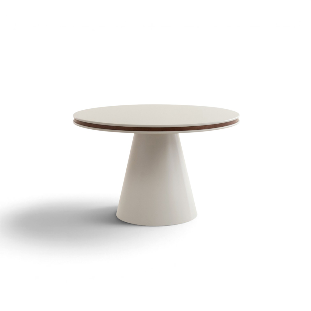 Mesa de comedor redonda DT-0082A, Ø150 × 76 cm, con chapa de nogal y acabado beige claro. Meycy Home