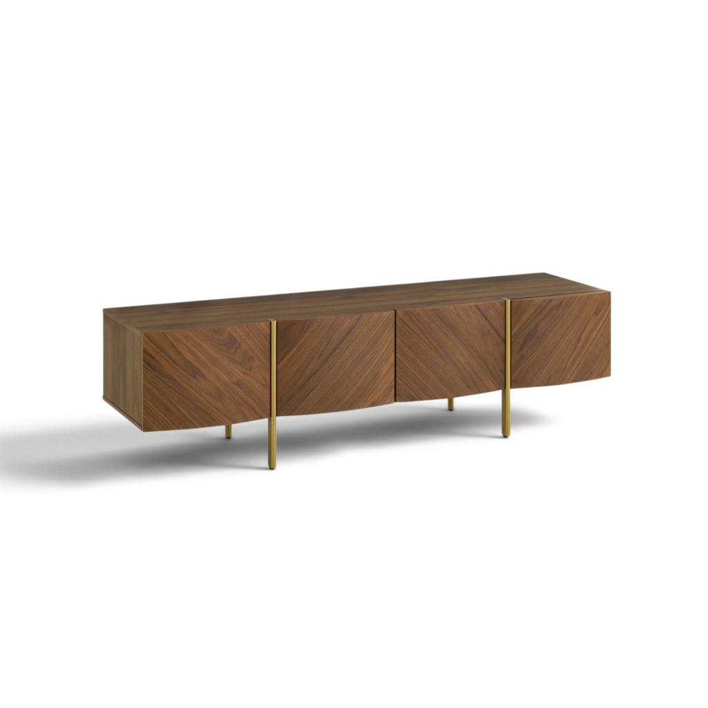 Mueble para TV CB-0407A, 180 × 44 × 46.3 cm, con chapa y melamina de acabado nogal. Patas doradas. Meycy Home