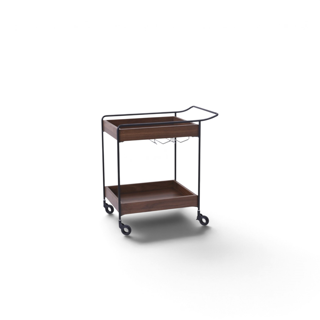 Carrito bar auxiliar CT-0094C, 59.3 × 40.2 × 64.4 cm, con chapa de nogal y acero negro mate.