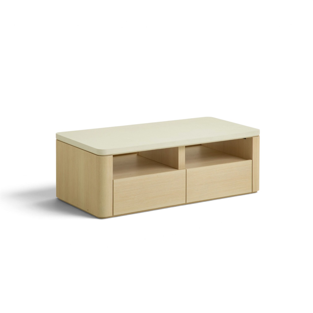 Mesa de centro CT-0431A, 120 × 60 × 42.5 cm, con microcemento blanco y melamina color roble claro.
