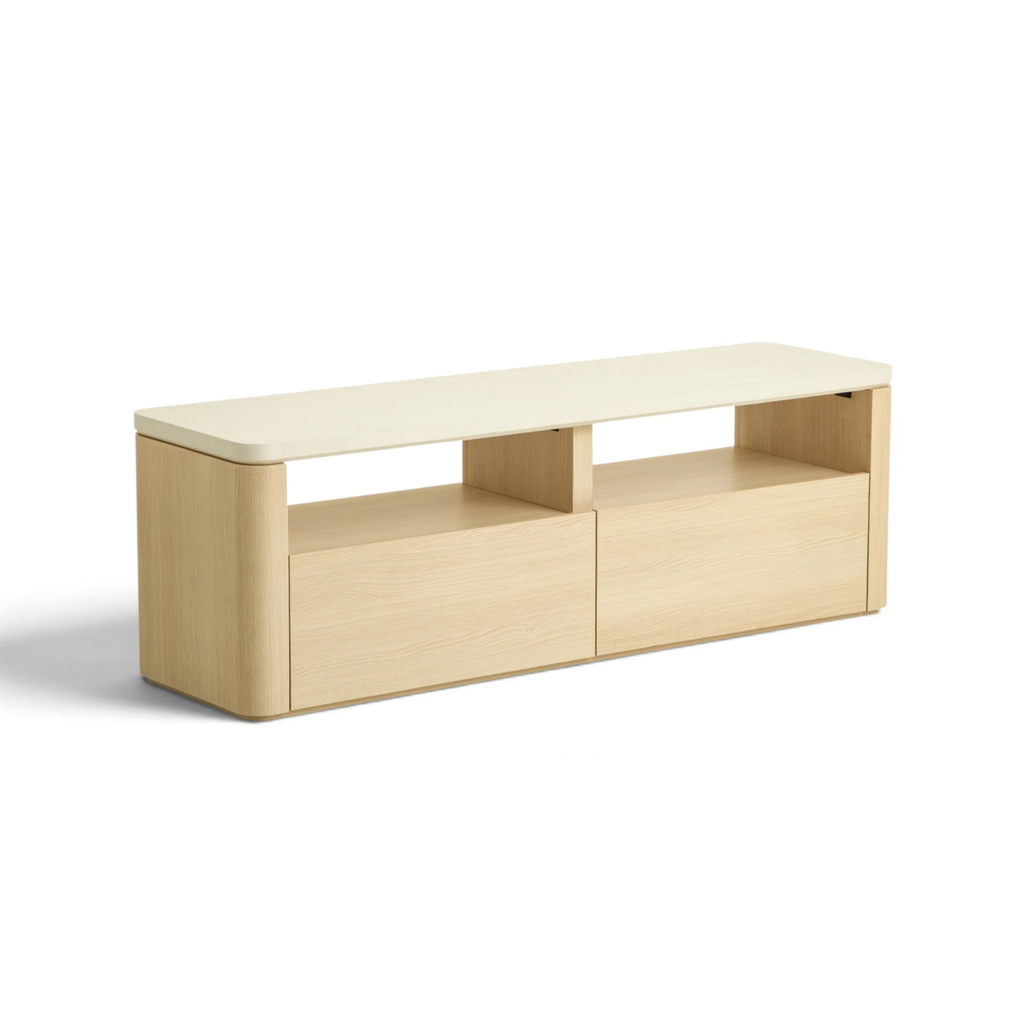 Mueble para TV CB-0576A, 160 × 39.6 × 51.5 cm, con microcemento blanco y melamina color roble claro. Meycy Home