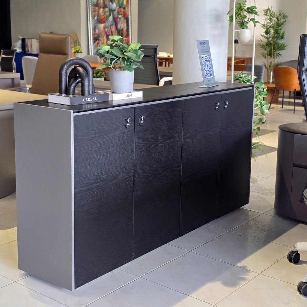 CREDENZA EJECUTIVA VOLUME  -  MADERA ENCHAPADA COLOR NEGRA (BLACK ELM WOOD) + GRIS GRAFITO-MEDIDAS: 16"X71" (1-048170) 
